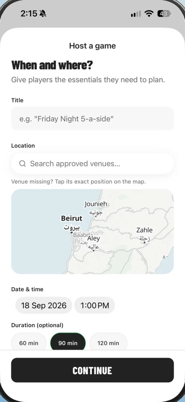 The Host a game screen with venue search and map.
