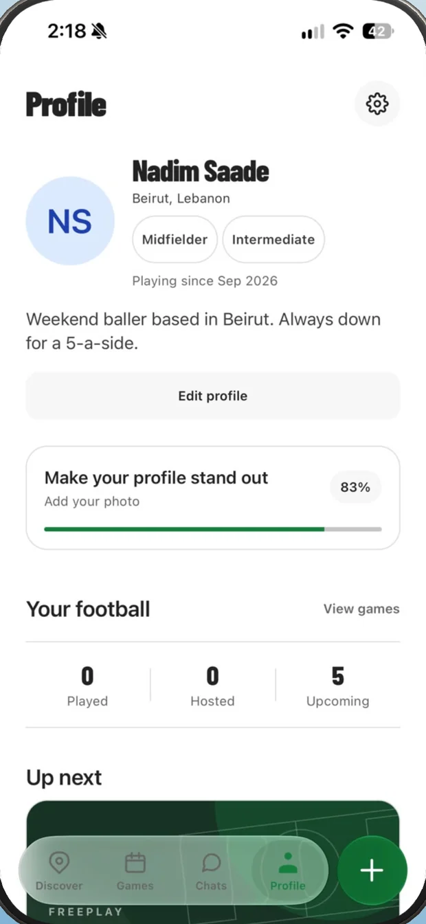 A player profile with position, level, and upcoming games.